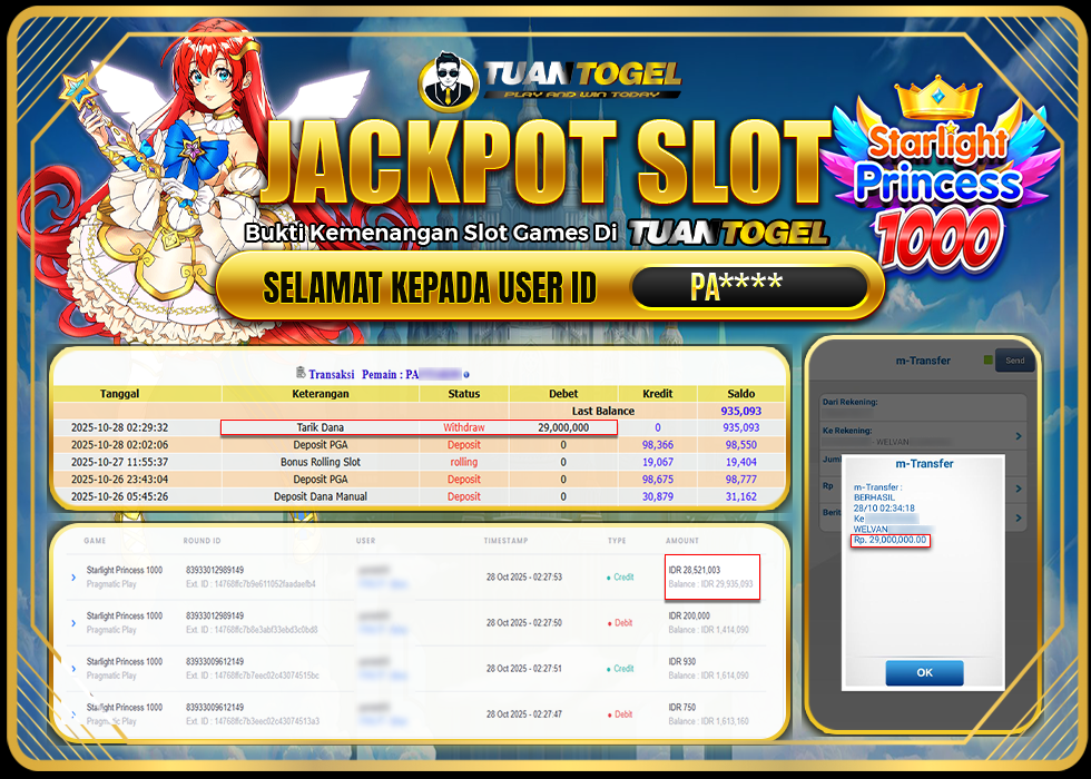 TUANTOGEL JACKPOT SLOT STARLIGHT PRINCESS 1000Rp29.000.000